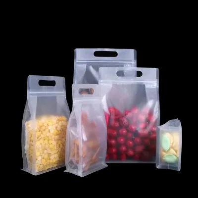 Eight Side Seal Frosted Bags with Handle Ziplock Transparent Bag Food Packaging Bag for Snack Candy Grain Food