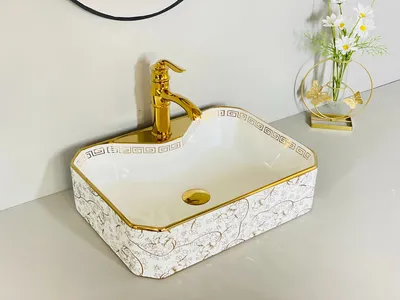 Classical Bathroom Sink Gold Ceramic Wash Basin 500mm Sanitaryware