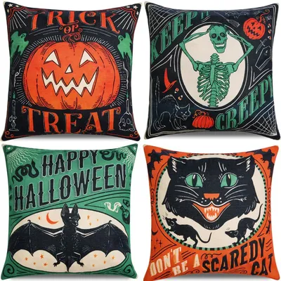Halloween Decor Throw Pillow Covers Decorations Retro Linen Pillow Case Scaredy Cats Pumpkins Skull Bats Couch Fall Hol Pillow Case