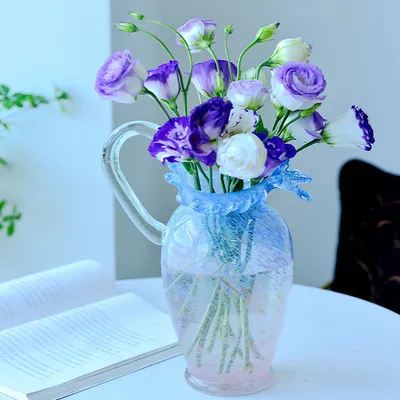 Dazzle Color Home Living Room Desktop Handmade Glass Flower Arrangement Water Raised Glass Vase with Single Handle