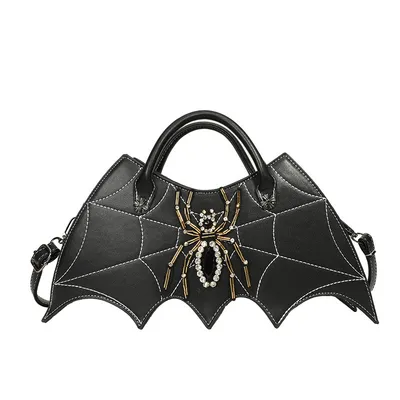 Embroidery Thread PU Leather Handbag Girls Gothic Bat Shape