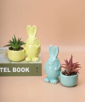 Set of 2 Faux Succulent Plant in Ceramic Bunny Pot, Potted Succulent Plant Decoration, Easter Decoration, Holiday Gift