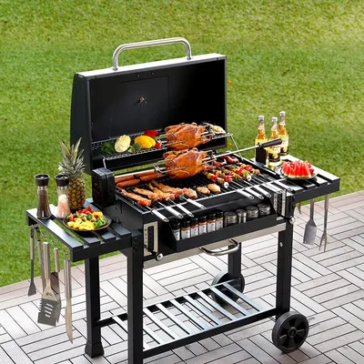 Black Charcoal BBQ Grill Stove Grill Outdoor Double Firebox Portable BBQ Backyard BBQ