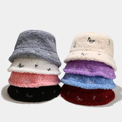 Black Thick Teddy Velvet Winter Bucket Hat Faux Fur Embroidered Bucket Hat for Female