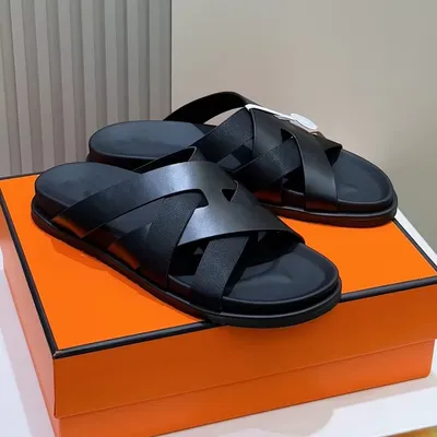 Men's Black Leather Cross Strap Slide Sandals Casual Flat Slippers for Outdoor