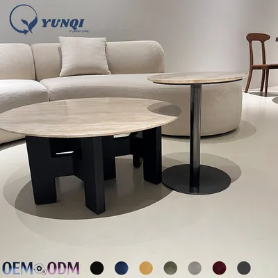 Travertine Round Coffee Table Set Black Metal Base Modern Living Room Center Table
