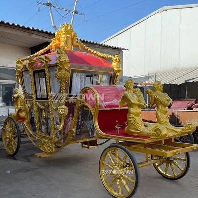 Full Golden Mermaid Sculpture Royal Electric Horse Carriage with Red Dome Roof