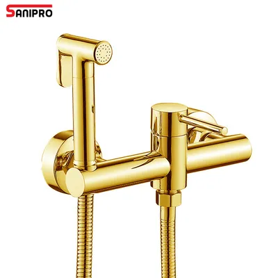 Sanipro Luxury Brushed Gold Wall Mounted High Pressure Toilet Bidet Sprayer Brass Shattaf Shower Spray Set with Tap Holder Hose