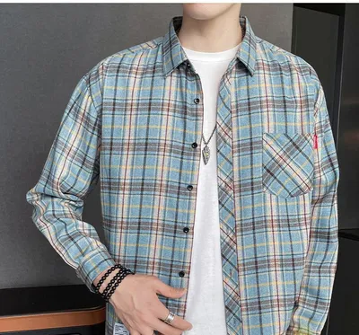 Shirt for Men Trend Lattice Port Style Casual Long-Sleeved Youth Lapel Top Coat