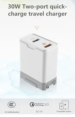 30W White Two-Port Quick-Charge Travel Charger with CE