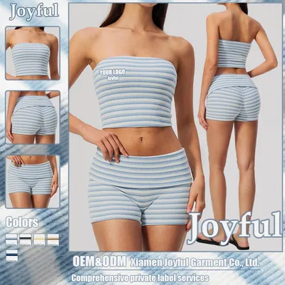 Women S Sportswear Strapless Top+Shorts Striped Gym Wear Yoga Fitness Set