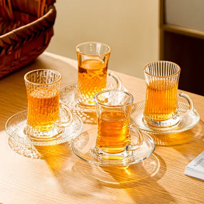 Shunstone High Quality Heat Resistant Crystal Glass Tea Cup with Handle and Saucer Coffee Glass