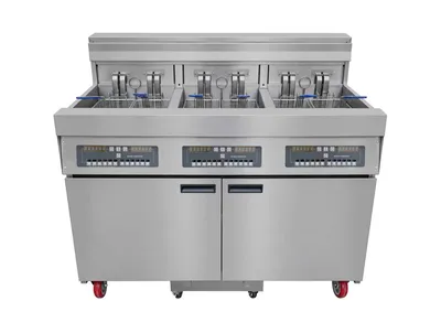 Commercial Floor-Standing Large Three-Tank Fryer with Flat Heating Elements & Auto Oil Filtration