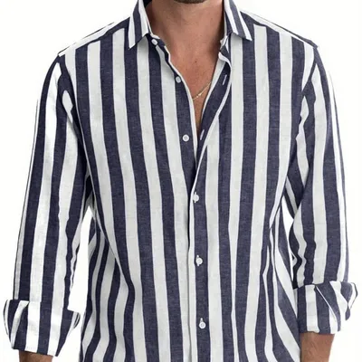 Men's Vertical Stripe Roll-up Sleeve Button Down Casual Linen Blend Shirt