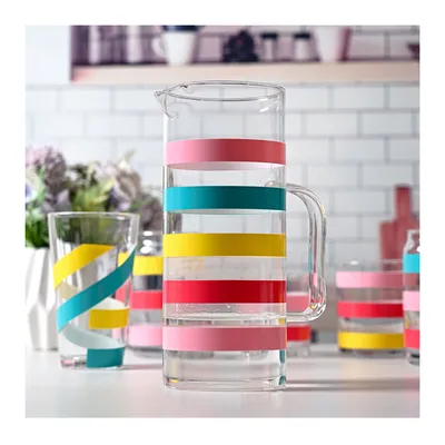 New Design Ribbon Decoration Glass Carafe Cups Printing Color Glass Jug Drink Glass Pitcher Set