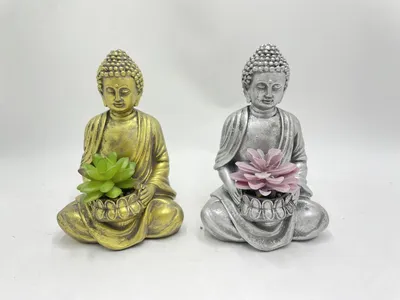 Cement Buddhas Status Plant Pot with Faux Succulent Green Plant Table Decor