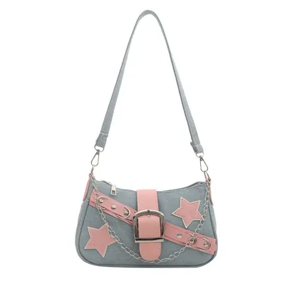 Y2K Style Denim Shoulder Bag with Star Patches & Chain Decor