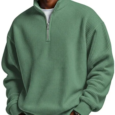 Men Waffle Knit Quarter Zip Stand Collar Oversized Pullover Sweatshirt