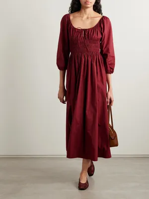 Women Square Neck Bow Tie 3/4 Balloon Sleeve Smocked Elastic Waist A Line Flowy MIDI Dress Burgundy Wine Red Vintage Casual Wedding Guest Dress