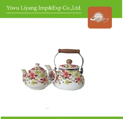 2-Piece Enamel Ceramic Kettle Double Layer Floral Decal Teapot Stainless Steel Wooden Handle Tea Pot
