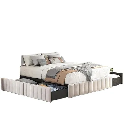 Manufacturer Wholesale Upholstered Platform Bed, 4 Storage Drawers, Large Storage Space/Solid Wood Bars/Non-Slip and Noise Free