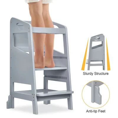 Wood Kitchen Helper Step Stool Learning Tower Adjustable Height Foldable Montessori Learning Tower with Blackboard