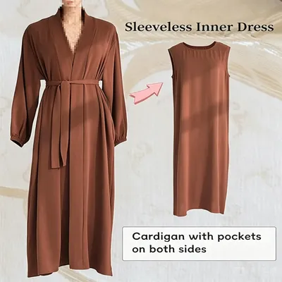 Light Apricot Muslim Abaya 3-Piece Set with Open Cardigan Dress and Hijab