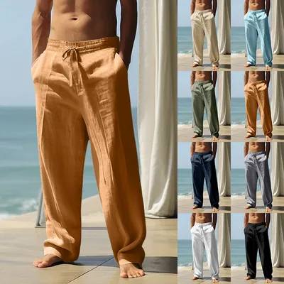 Men Elastic Drawstring Waist Linen Wide Leg Loose Casual Pants