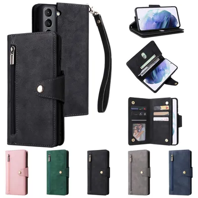 High-End PU Leather Rivet Buckle Zipper Coin Purse Flip Cover Wallet Phone Case with Wrist Rope