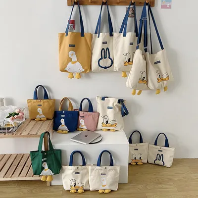 Tik Tok Hot Sale 2022 New Versatile Shopping Bag Cute Duck Canvas Leisure Hand Bag Ins Shoulder Tote Bag