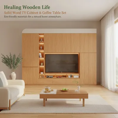 Solid Wood Full Wall Coffee Table Set Eco Natural Living Room Furniture TV Cabinet