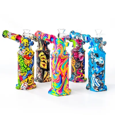 Print 8inches Silicone Torch Water Pipe with Glass Bowl DAB Rigs Glass Straw