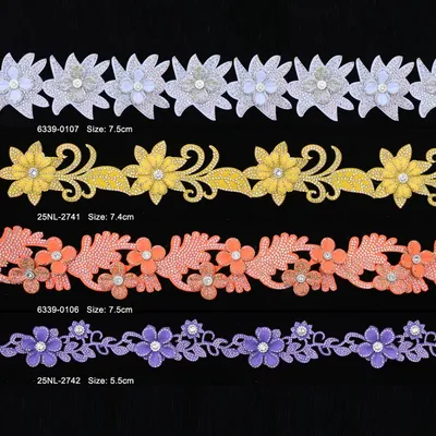 Velvet Fabric Laser Cut Hot Fix Rhinestone Special Embroidery Lace Trim with Flower Pattern for Africa Women Dress