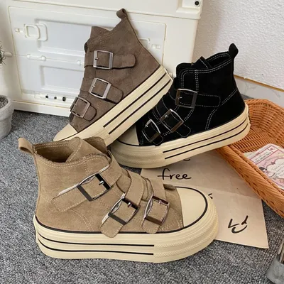 Customized Brown High Top Belt Buckle Canvas Shoes