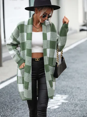 Trendy Long Cardigan Sweater with Checkered Design for Women