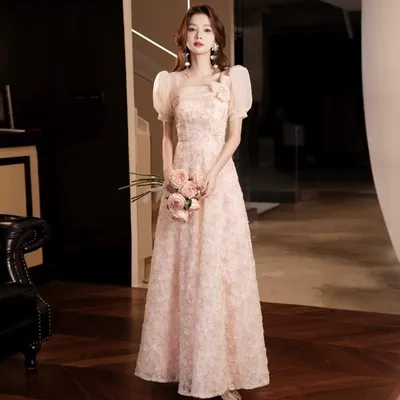 Nnr Super Fairy Flower Evening Dress Banquet Feminine Quality Light Luxury Bride Elegant Puff Sleeve Long Dress for Party