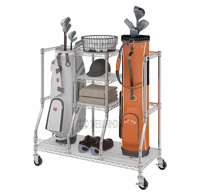 New Design Sport Retail Store Storage Rack Floorstanding Golf Products Rolling Metal Golf Storage Shelf