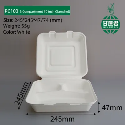 Zhongxin 10 Inch Clamshell Bagasse Containers 3 Compartment Food Containers Large Carry out Container for Food