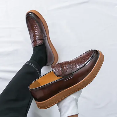 46 Men's Snake Embossed Genuine Leather Penny Loafers 1 Brown Slip-on Thick Rubber Sole Casual Business Dress Loafer Leather Shoes for Men