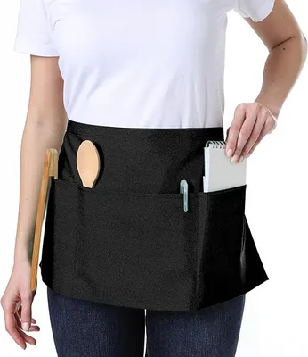 Waist Apron with 3 Pockets Black Waitress Waiter Server Short Aprons