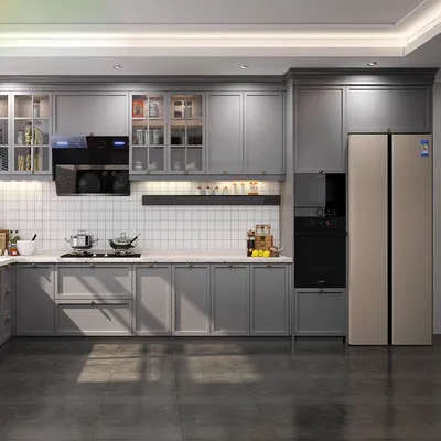 Guangdong Wood Custom Pre Assembled Kitchen Cabinet Maker Shaker Style Modern Grey Kitchen Cabinets