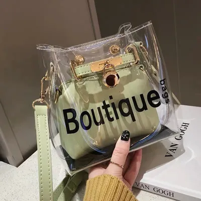 Candy Color Fashion Printing Transparent PVC Bag Lady School Bag Two Sets Bags