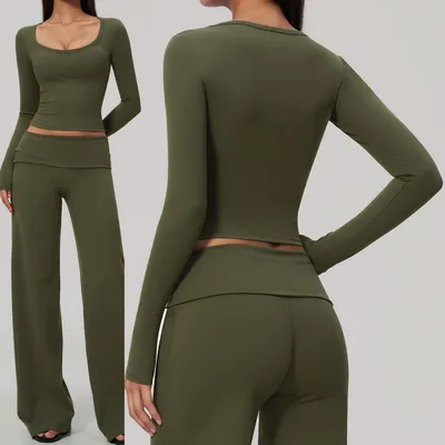 Women U-Neck Long Sleeve Yoga Top, Slim Fit Athletic Shirt with Extended Hem & Removable Pads, Soft Stretchy
