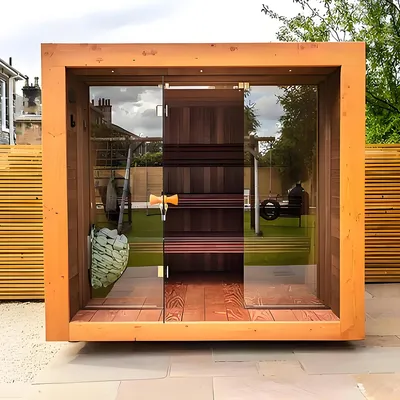 Authentic Wooden Outdoor Square Sauna Room Made of Canadian Hemlock or Red Cedar Enjoying Pure Relaxation