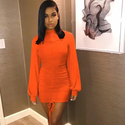 Women Apparel Casual Ruched Mock Neck Drawstring Lantern Long Sleeve Bodycon Party Dress