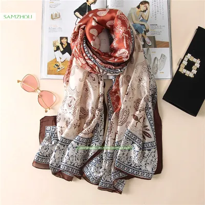 Ethnic Style Printed Silk Feeling Scarf Elegant Shawl for Lady