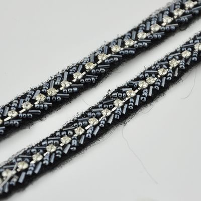 Navy Hand Beaded Mesh Rhinestone Trimming for Garments