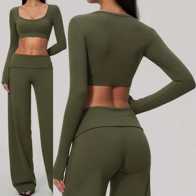 Women U-Neck Long Sleeve Crop Workout Top, Anti-Slip Elastic Underbust Sports Shirt with Removable Pads