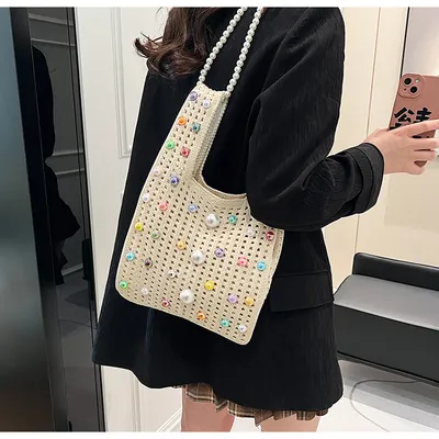 Hollow out Hand-Held Small Bag, Pearl Chain Armpit Bag