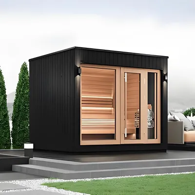 Custom Triunity Outdoor Sauna 4 Person Traditional Square Sauna Room with Slanted Roof and Panoramic Glass